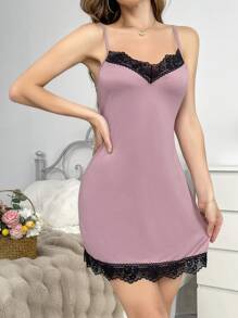 Camisón ajustado de encaje con contraste sexy para mujer en verano - Rosa vieja - Ver 4