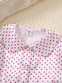 2pcs/Set Young Girl' Pearl Button Red Polka Dot Puff Sleeve Print Longsleeve Top And Pants Sleepwear Set