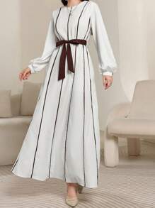 Seusyu Women's Extra-Long Elegant Modest Arabic Wrap Waist Contrast Trim Dress - White - View 5