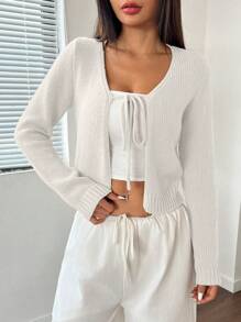 Flirla Áo len cardigan ngắn màu trơn thời trang giản dị dành cho nữ - trắng - Xem 4