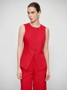 SHEIN LUNE Autumn Casual Linen Blazer Vest And Skirt Set - Red - View 4