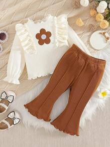 SHEIN Vintaside Kids 2 件装女婴盖袖刺绣花卉上衣和喇叭裤套装，休闲装 - 彩色 - 查看 2