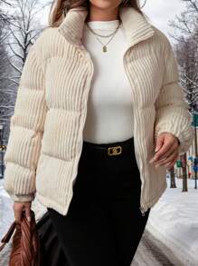 SHEIN LUNE Manteau d'hiver extra-épais en velours côtelé, épaissi et chaud, grande taille. Avec poches, isolation thermique efficace, ample, décontracté et affinant. Manteaux d'hiver avec poches. Doudoune femme 2024 hiver avec poches, manteaux matelassés amples