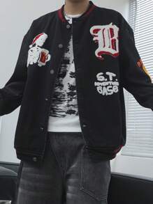 Manfinity EMRG Męska jesienna swobodna kurtka dżinsowa z nadrukiem i czaszką świąteczną, zapinana na guziki, luźna, akademicka, ciemna, na imprezę, prezent dla chłopaka