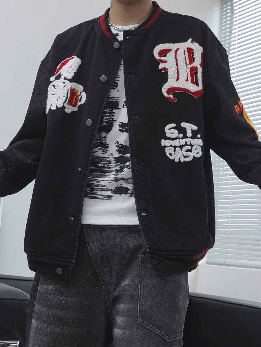 Manfinity EMRG Męska jesienna swobodna kurtka dżinsowa z nadrukiem i czaszką świąteczną, zapinana na guziki, luźna, akademicka, ciemna, na imprezę, prezent dla chłopaka