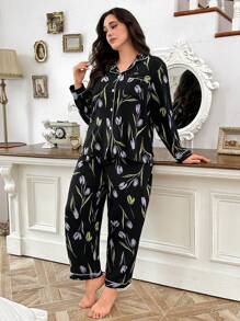 CottageSlumber Plus Size Floral Print Button Front Collared Top & Pants Sleepwear Set, Cozy And Elegant Details, Fall Winter Clothes - Black - View 4