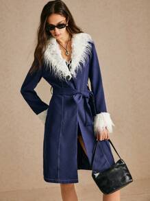 Poéselle Women's Winter Patchwork Fluffy Collar Long Sleeve Long Casual Outerwear, Fluffy Coat, Fall Winter Clothes, Fluffy Jacket,24 FW Boho Cottagecore Fur - Blue and White - View 2