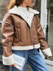 EURMUSE Motorcycle Jacket With Teddy Lining, Zipper, PU Leather - Camel - View 4