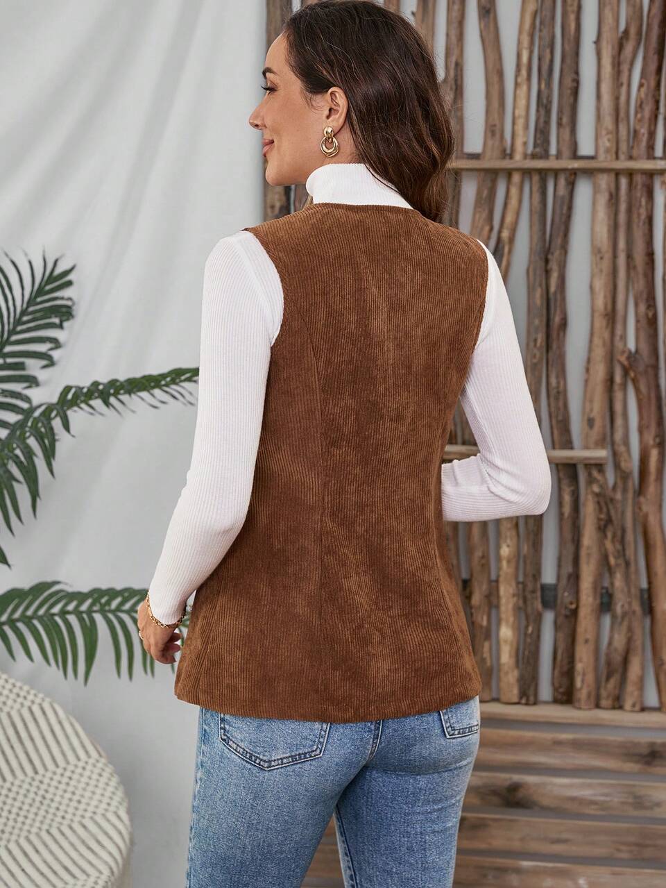 Women Solid Color Sleeveless Pocket Front Button Casual Tank Top, For Everyday Wear Autumn Winter Clothes For Women