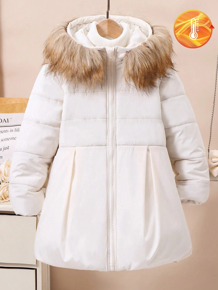 SHEIN Tween Girls Warm Hooded Zip-Up Padded Coat With Fur Collar, Suitable For Daily Commute In Winter - White - View 1