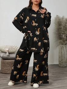 SHEIN LUNE Bộ đồ 2 món thường ngày họa tiết hổ cỡ lớn cho nữ, mùa thu - màu đen - Xem 4