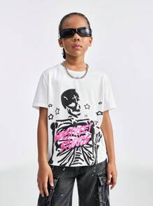 SHEIN Tween Girl 休闲骷髅和字母印花短袖 T 恤，夏季日常穿着 - 白色 - 查看 6