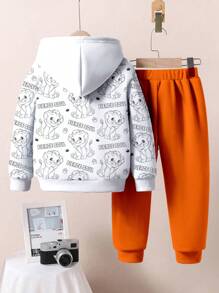 SHEIN Leap Crew 2 件套卡通狮子印花休闲宽松套头连帽衫男童运动衫，适合秋冬季 - 彩色 - 查看 3