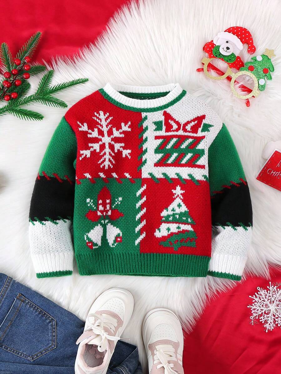 Suéter navideño a juego en familia con diseño de parches cuadrados, motivo de estrellas y copos de nieve, para niña joven, otoño/invierno (4 piezas se venden por separado) - Verde - Ver 1