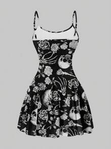 SHEIN SXY Casual Simple Full Frame Skull Print Suspender A-Line Hem Summer Women's Mini Dress Black And White Skull Print Halloween Costume Halloween Dress,Summer Dresses For Women Suitable For Going Out Chic Dress - White - View 2