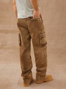HIMLAND Men Premium Cotton Denim Cargo Loose Straight Leg Jeans