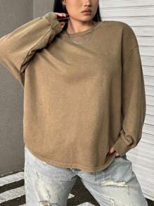SHEIN EZwear 大码休闲纯色圆领运动衫，秋季 - 棕色 - 查看 5