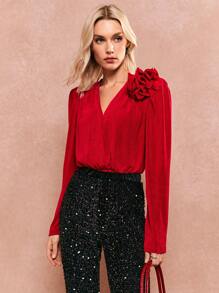 Poéselle Body floreale rosso, body casual da donna con decorazione floreale 3D a maniche lunghe, look donna autunnali, abiti da ballo, abiti da festa, abiti da donna per club, adatti per uso quotidiano, strada, ricevimenti, feste, abito di Natale, abito per compleanni