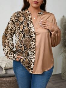 SHEIN LUNE Plus Size Snake Skin Pattern Splice Cutout Neckline Long Sleeve Shirt, Casual Autumn Plus Size Fall Clothes