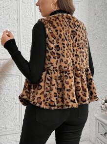 SHEIN LUNE 加大码秋冬加厚双层抓绒保暖外套豹纹保暖背心配领结，适合女士秋冬感恩节假期穿着 - 彩色 - 查看 2