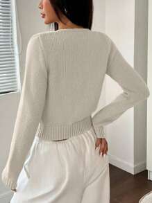 SHEIN Unity Áo len cardigan dài tay buộc nơ phía trước màu trơn cho nữ - Màu be - Xem 2