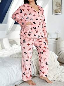 Butterfly Print Flannel Oblique Collar Shirt And Pants Plus Size Women Pajama Set, Casual