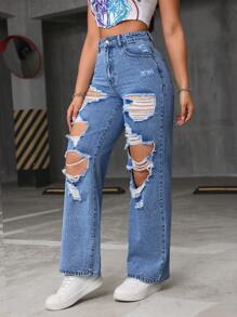 SHEIN EZwear 休闲洗水做旧直筒牛仔裤 - 淺色水洗藍 - 查看 4