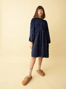 SHEIN Tween 女童休闲日常装蓝色褶皱荷叶边领泡泡袖喇叭下摆连衣裙，秋冬 - 藍色 - 查看 1