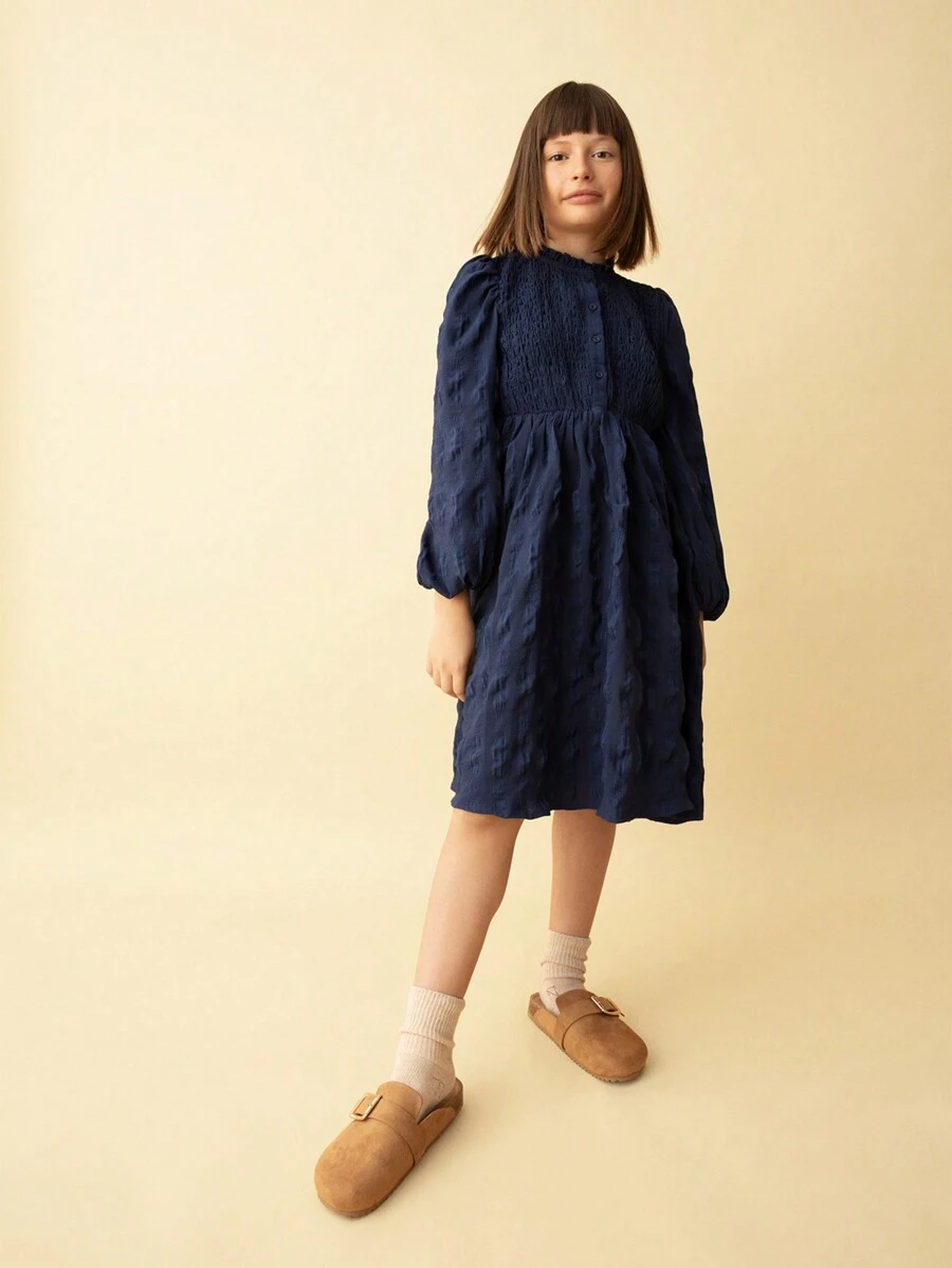 SHEIN Tween 女童休闲日常装蓝色褶皱荷叶边领泡泡袖喇叭下摆连衣裙，秋冬 - 藍色 - 查看 1