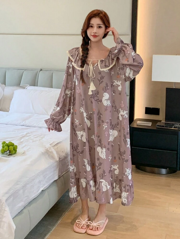 Cute Pattern Allover Print Ruffle Trim Relaxed Nightgown Pajama
