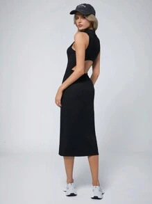 SHEIN EZwear Women's Black Polo Collar Button Front Sleeveless Midi Bodycon Dress