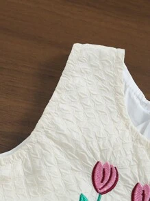 2 piezas Conjunto de vestido de línea A y blusa de cuello alto con bordado floral casual y elegante para niñas bebé, primavera/otoño - Rosa - Ver 6