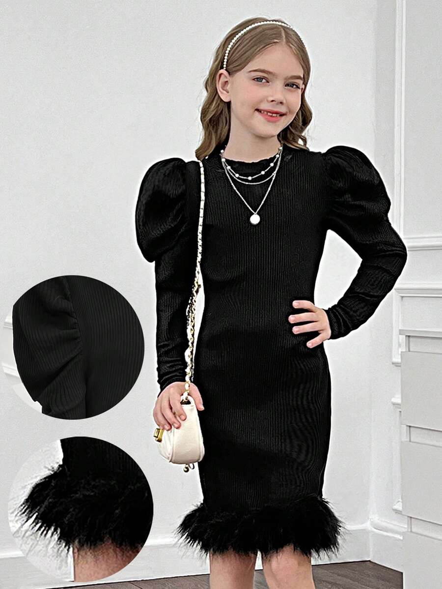 Robe de fête élégante pour jeunes filles avec col châle, manches gigot, panneaux tricotés et garniture moelleuse, pour Noël - Noir - Voir 1