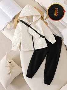 SHEIN 年轻女孩加厚连帽棉服外套带松紧腰带，宽松裤子和斜挎包套装，秋冬 - 彩色 - 查看 3