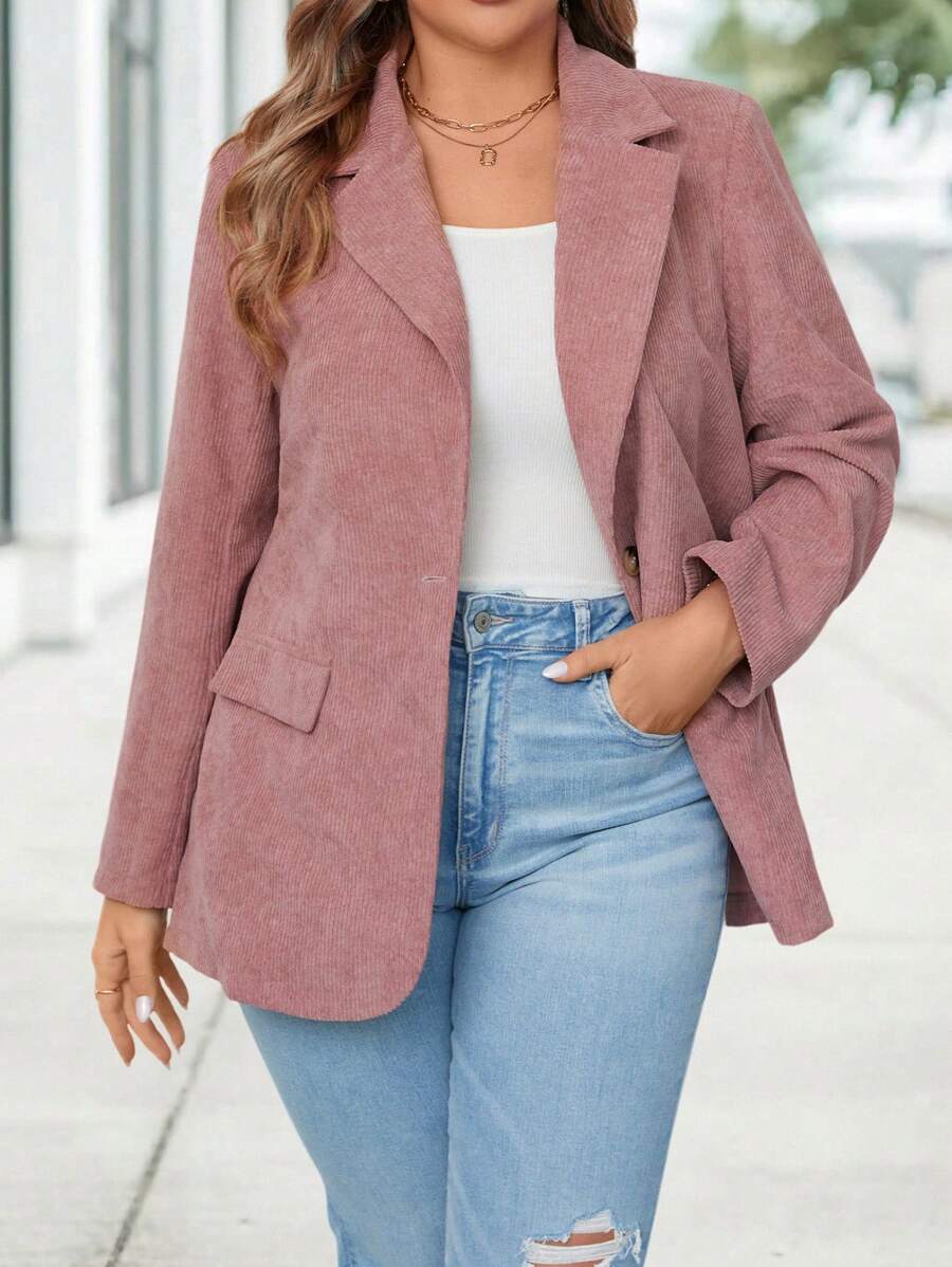 SHEIN LUNE 大码女式纯色翻领长袖单扣休闲西装外套，冬季女式情人节假日宽松西装外套 - 粉色 - 查看 1