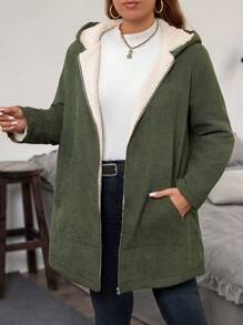 SHEIN LUNE Áo khoác trùm đầu tay dài màu trơn tối giản giản dị cỡ lớn dành cho nữ - xanh quân đội - Xem 3