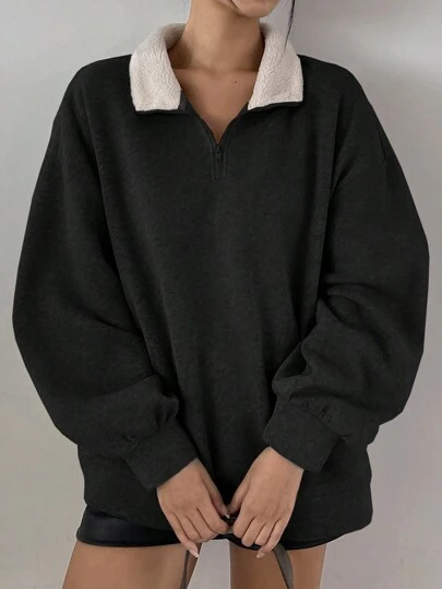 DAZY Sudadera de mujer de manga larga con cuello de sherpa, forro térmico y empalme de peluche para el invierno