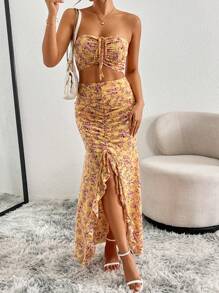 Chiquease 褶饰紧身胸衣大腿开衩碎花连衣裙和细肩带吊带上衣两件套，夏季 - 黃色 - 查看 6