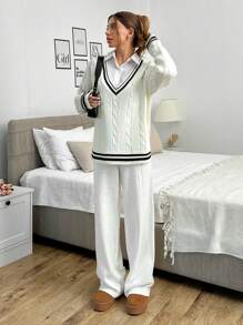 EURMUSE 2 Stücke/Set Lässig College Stil Farbblock Streifen Zopfstrick Pullover und Hose Set - Beige - Übersicht 1