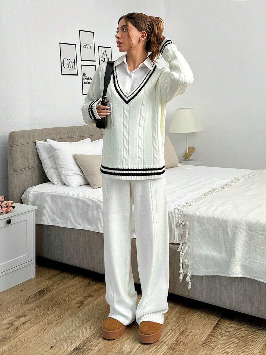 EURMUSE 2 Stücke/Set Lässig College Stil Farbblock Streifen Zopfstrick Pullover und Hose Set - Beige - Übersicht 1