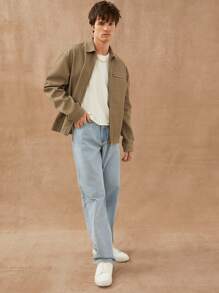 Men Premium Cotton Denim Zip Up Jacket - Brown - View 8