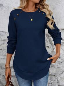 SHEIN LUNE Casual Raglan Sleeve Button Design Curved Hem Sweatshirt, Autumn - Navy Blue - View 6