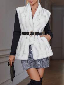 SHEIN Privé 时尚V领仿皮草背心，温暖柔软的中长款外套，年轻优雅风格 - 白色 - 查看 3