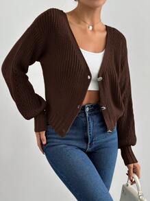 SHEIN Cottnline 女式纯色落肩长袖单排扣宽松休闲开衫，秋冬 - 棕色 - 查看 4
