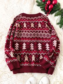 EMERY ROSE Plus Size Casual Christmas Tree & Gingerbread Man Graphic Loose Batwing Long Sleeve Sweater, Suitable For Autumn & Winter Knit Pullover Fall Outfit