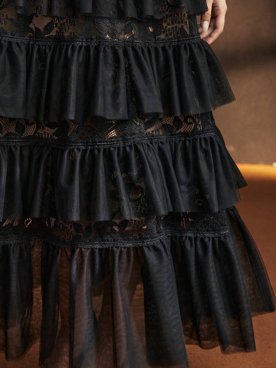 MOTF Soiréza LACE OVERLAY LAYERED RUFFLE HEM FORMAL EVENING DRESS WITHOUT BELT - Black - View 2