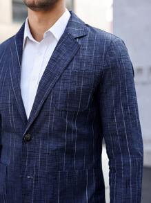 Manfinity Bizformal Men's Striped Lapel Neck Long Sleeve Single-Breasted Jacket And Pants Set, Fashionable Casual Suit - Navy Blue - View 2