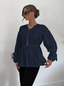 Siren Gaze Áo cánh dài tay buộc eo xếp ly cổ chữ V mới cho nữ màu trắng - Màu xanh hải quân - Xem 5