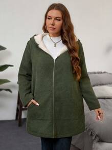 SHEIN LUNE Áo khoác trùm đầu tay dài màu trơn tối giản giản dị cỡ lớn dành cho nữ - xanh quân đội - Xem 5