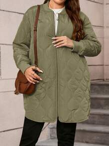 SHEIN LUNE Plus Size Casual Zippered Stójka Pikowana Watowana Kurtka, Kurtka Jesień/Zima i Parkas Lekka, Pakowalna Kurtka Puchowa Z Długim Rękawem Wodoodporna Kurtka - Wojskowa Zieleń - Zobacz 5